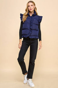 Ruffle Trim Button Down Puffer Vest