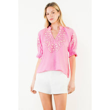 Load image into Gallery viewer, Puff Sleeve Floral Embroidery V-Neck Top