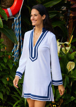 Load image into Gallery viewer, Cabana Life - White/Navy Trim Terry Tunic