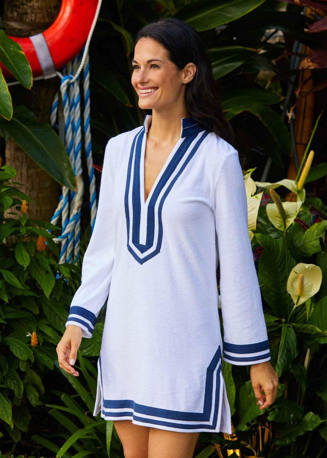 Cabana Life - White/Navy Trim Terry Tunic