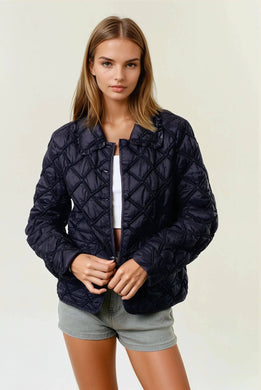 Over-Sized Collar Quilted Button-Down Jacket - Black
