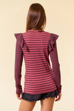 Load image into Gallery viewer, Stripe Mixed Round Neck Ruffled Long Sleeve Tee