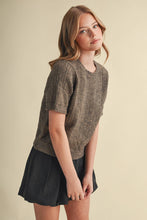 Load image into Gallery viewer, Scalloped Pointelle Knit Short Sleeve Sweater - Brown
