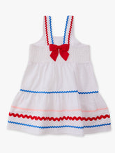 Load image into Gallery viewer, Girls Americana Signature Seersucker Tiered Ric Rac Swing Dress