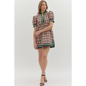 Plaid short puff sleeve mini dress