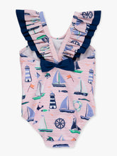 Load image into Gallery viewer, RuffleButts + RuggedButts - Girls Pink Sweet Sails Bow V-Back One Piece Swimsuit