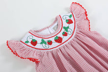 Load image into Gallery viewer, Red Seersucker Strawberry Smocked Romper
