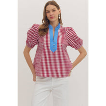 Load image into Gallery viewer, Gingham short puff sleeve top