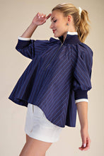 Load image into Gallery viewer, Mock Neck Band Puff Sleeve Blouse- Navy