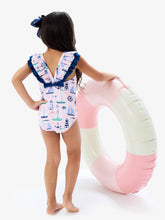 Load image into Gallery viewer, RuffleButts + RuggedButts - Girls Pink Sweet Sails Bow V-Back One Piece Swimsuit