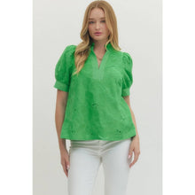 Load image into Gallery viewer, Floral embroidered short puff sleeve pullover top - Green