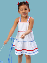 Load image into Gallery viewer, Girls Americana Signature Seersucker Tiered Ric Rac Swing Dress