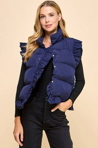 Ruffle Trim Button Down Puffer Vest