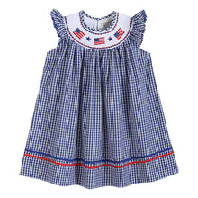 Load image into Gallery viewer, Royal Blue Gingham American Flag Smocked Bishop Dress