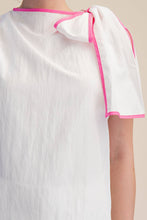 Load image into Gallery viewer, Asymmetric Pleated Shoulder Contrasting Bow Top - White