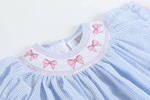 Load image into Gallery viewer, Blue Seersucker Bow Smocked Bishop Dress