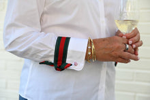 Load image into Gallery viewer, Audrey Ribbon FC - White w Green &amp; Red Stripe Ribbon