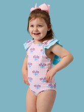 Load image into Gallery viewer, Girls Pink Patriotic Gingham Bow V-Back One Piece Swimsuit