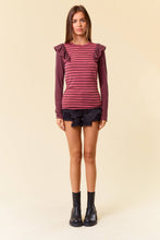 Load image into Gallery viewer, Stripe Mixed Round Neck Ruffled Long Sleeve Tee