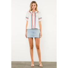 Load image into Gallery viewer, Striped Trim Puff Sleeve Button Top
