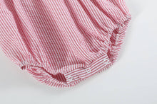 Load image into Gallery viewer, Red Seersucker Strawberry Smocked Romper