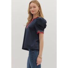 Load image into Gallery viewer, Navy short pleated puff sleeve top