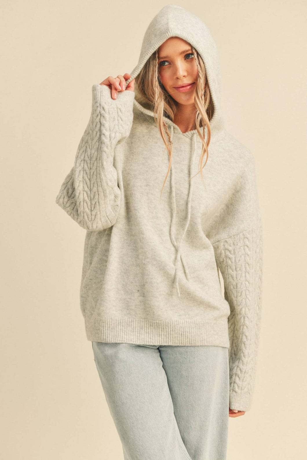 Cable Knit Sleeve Hoodie - Grey