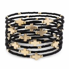 Load image into Gallery viewer, Lenny &amp; Eva - Faithful Beaded Cross Bangle w/ Matte Gold Crosses-Black