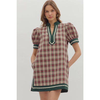 Plaid short puff sleeve mini dress