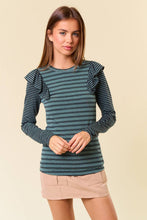Load image into Gallery viewer, Stripe Mixed Round Neck Ruffled Long Sleeve Tee