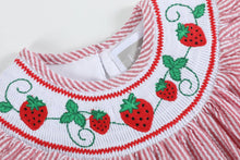 Load image into Gallery viewer, Red Seersucker Strawberry Smocked Romper