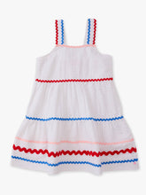 Load image into Gallery viewer, Girls Americana Signature Seersucker Tiered Ric Rac Swing Dress