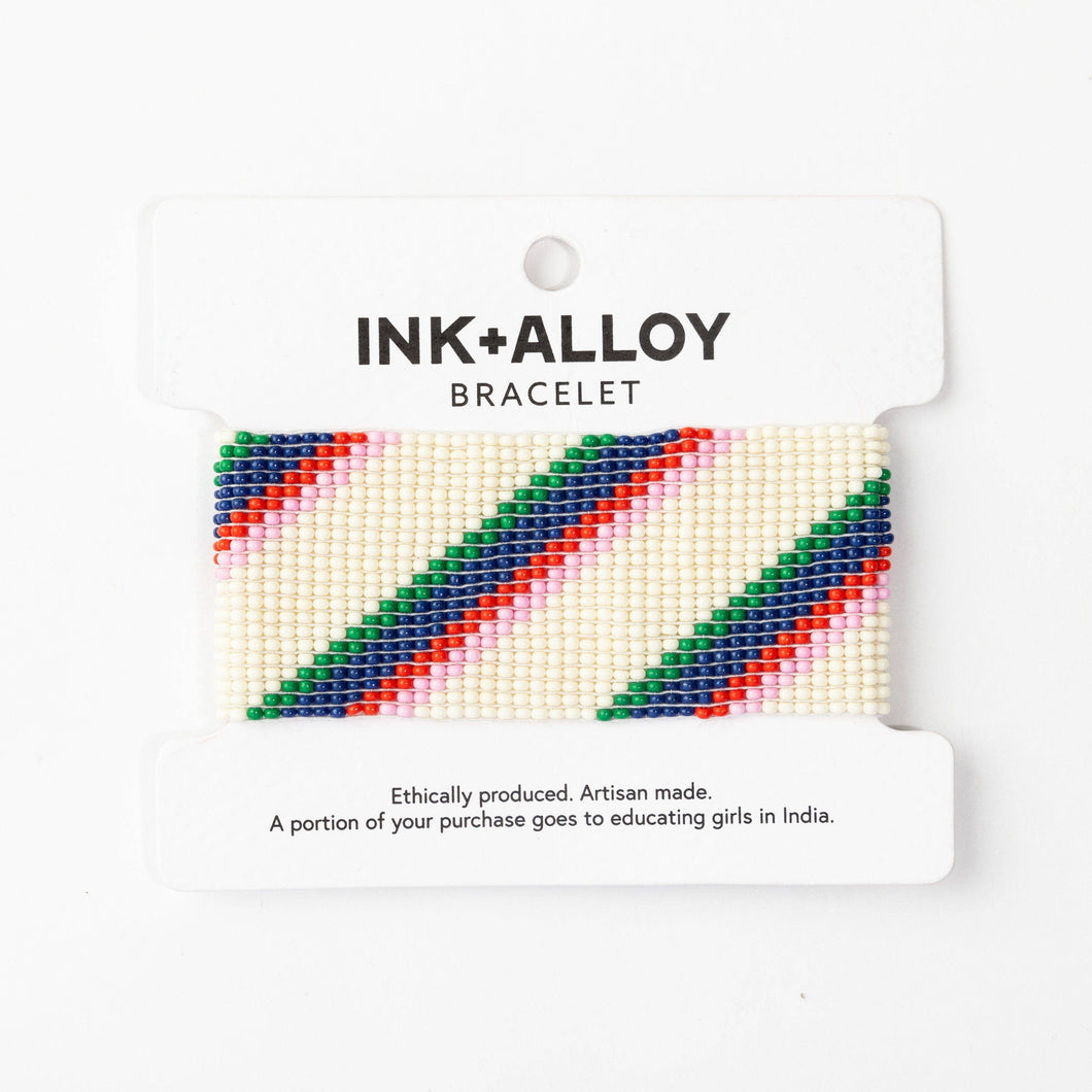 INK + ALLOY - Penelope Stripe Diagonal Seed Bead Bracelet Ivory Navy Green Red