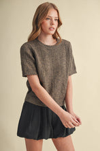 Load image into Gallery viewer, Scalloped Pointelle Knit Short Sleeve Sweater - Brown