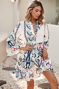 Tribal Print Bracelet Sleeve Buttoned Mini Dress