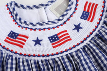Load image into Gallery viewer, Royal Blue Gingham American Flag Smocked Bishop Dress