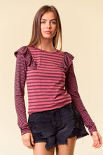 Load image into Gallery viewer, Stripe Mixed Round Neck Ruffled Long Sleeve Tee