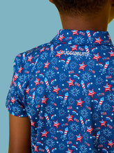 Load image into Gallery viewer, Boys Red White &amp; Boom Fireworks Knit Short Sleeve Performance Polo