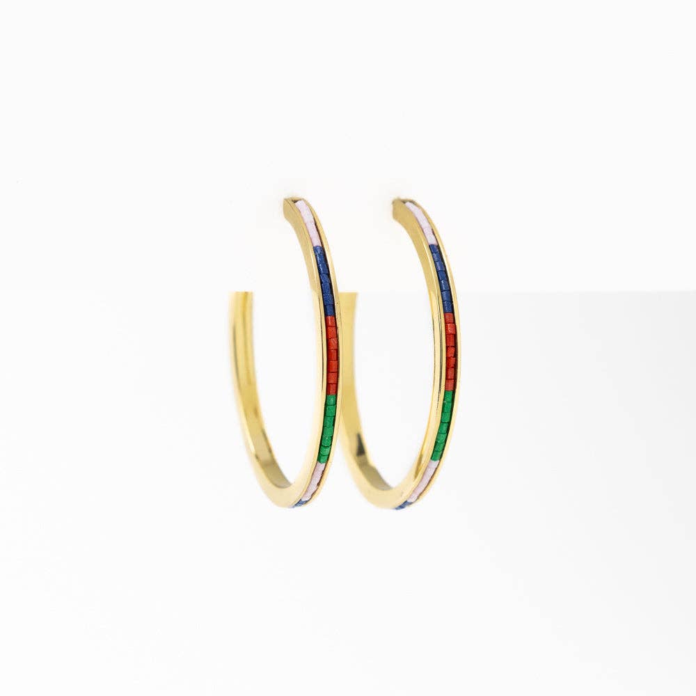 INK + ALLOY - Lulu Hoop Earrings Brass With Chanel Of Seed Beads Lilac, Lapis, Red, + Green Wholesale