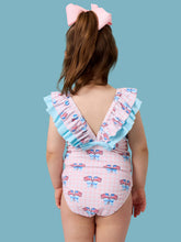 Load image into Gallery viewer, Girls Pink Patriotic Gingham Bow V-Back One Piece Swimsuit