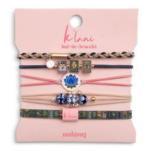 Load image into Gallery viewer, K'lani hair tie bracelets - "Mahjong" Themed in Pink, Green &amp; Blue with Lotus &amp; Tile Accent Hair Tie Bracelets