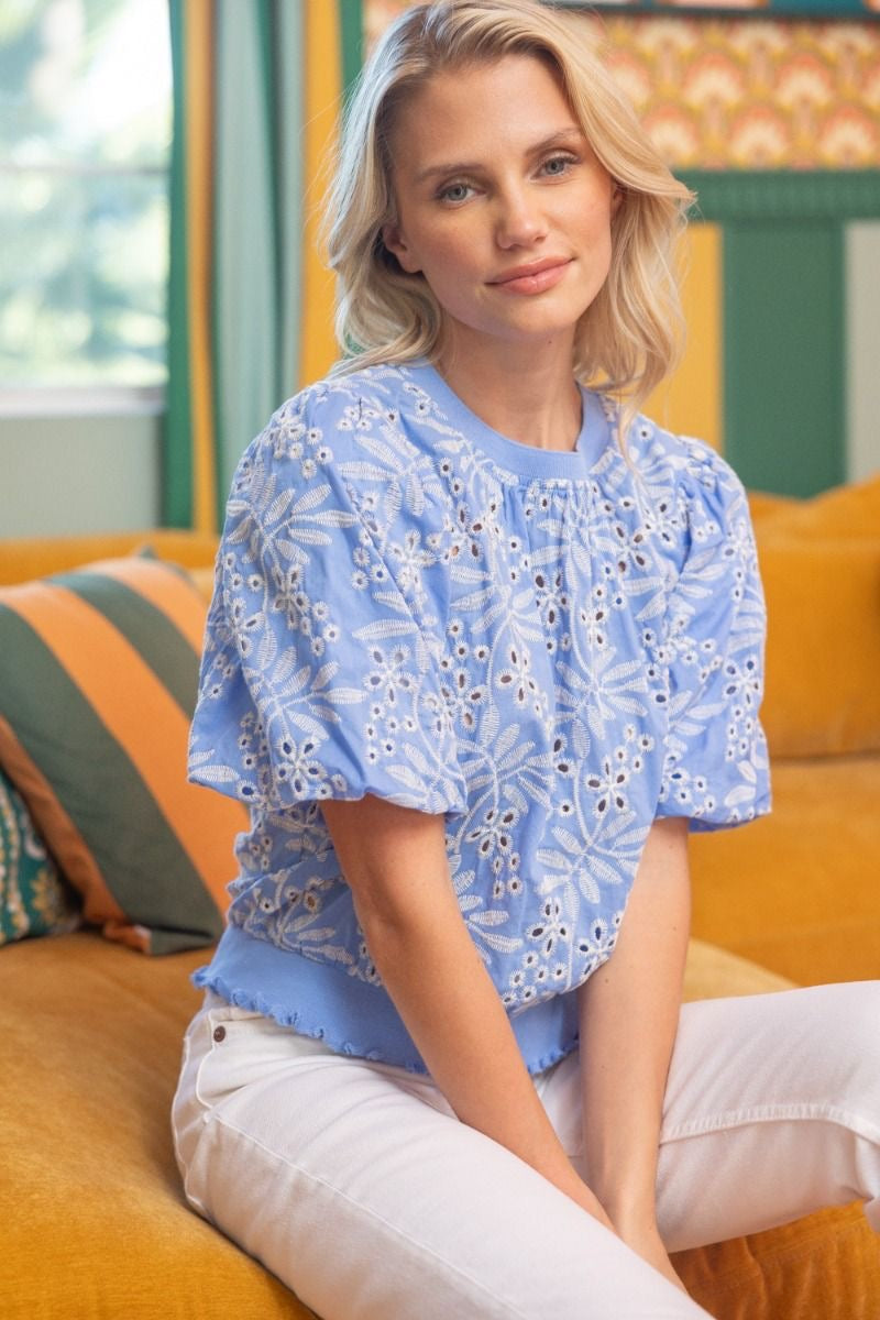 Leaf Embroidered Eyelet Bubble Sleeve Top