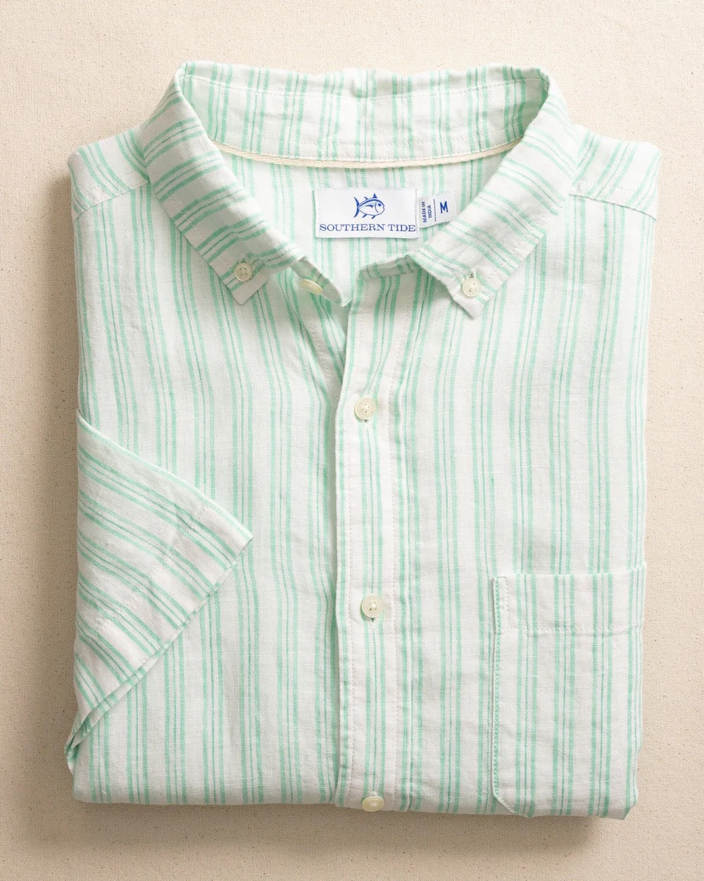 Crepe Myrtle Striped Linen Short Sleeve Sport Shirt - Jade Green