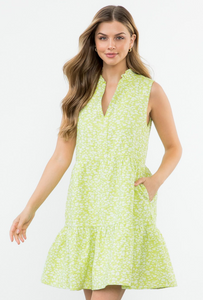 Sleeveless Textured Print Dress - Lime