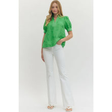 Load image into Gallery viewer, Floral embroidered short puff sleeve pullover top - Green