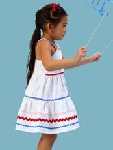 Load image into Gallery viewer, Girls Americana Signature Seersucker Tiered Ric Rac Swing Dress