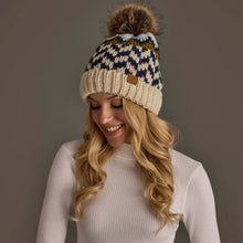 Load image into Gallery viewer, Panache Apparel Co. - Beige, Navy &amp; Lt. Blue Patterned Pom Hat