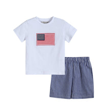 Load image into Gallery viewer, Royal Blue Gingham American Flag Shirt and Shorts Set