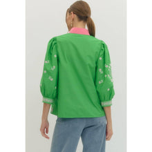Load image into Gallery viewer, Floral embroidered 3/4 puff sleeve top - Green