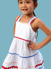 Load image into Gallery viewer, Girls Americana Signature Seersucker Tiered Ric Rac Swing Dress